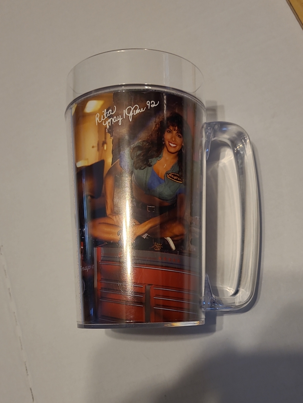 Vintage Thermo-Serv Snap-On Tool Girl Plastic Mug Cup 1992 Rita Calendar